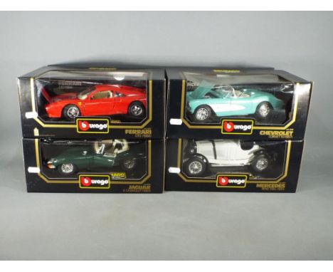 Bburago - Four boxed Bburago 1;18 scale diecast model cars. Lot consists of #3024 Chevrolet Corvette; #3027 Ferrari GTO 1984;