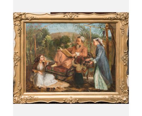 English Artist mid 19th Century, Ottoman family in garden in the background ancient monuments on a hill. Oil on canvas. Monog