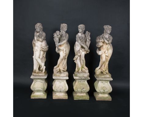 Four Seasons Garden Sculptures, each female with attributes of the season. In baroque manner. On four curved and decorated ba