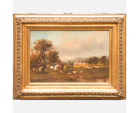 Carl Joseph Püttner (1821 – 1881), hunting party in front of a castle. Oil on canvas. Signed bottom left and dated 1857. 35 x