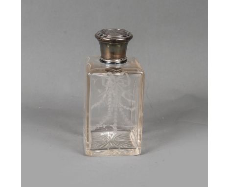 Digestive Container, rectangular shape, transparent cutted glass flask, with silver mouth piece, hallmarked, probably Austria