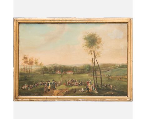 French Provincial School early 19th Century, Fete Champetre. Oil on wooden panel. On the reverse described Le retour du vosse