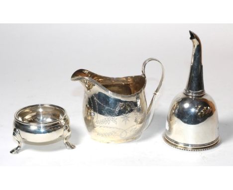 A George II silver salt, David Hennell, London 1748, plain circular on three pad feet; a George III silver cream jug, probabl