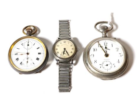 A gun metal single push chronograph pocket watch; an alarm open faced pocket watch, signed Victoria, case stamped 0.800; and 