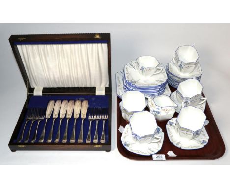 A Shelley Iris pattern part tea service together with an oak cased fish set 