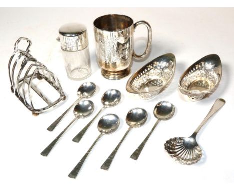An Edwardian silver Christening mug Walker &amp; Hall, Sheffield 1903; a heavy gauge toast tack, Lowe &amp; Son, Chester 1938