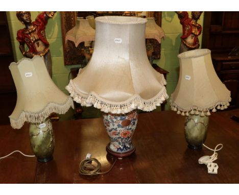 Oriental style porcelain table lamp, in the Imari palette; and a pair of porcelain table lamps decorated in Japanese taste (3