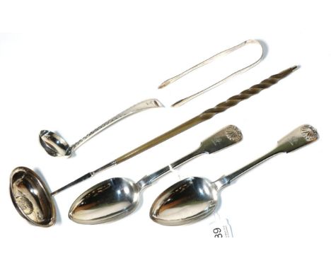 A pair of Victorian provincial silver fiddle and shell pattern table spoons, Clement Gowland, Newcastle 1846, crested; a Scot