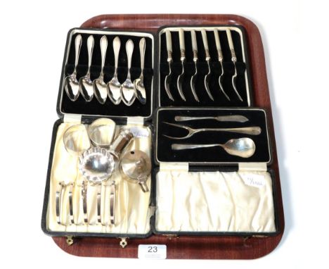A set of six silver Sandringham pattern grapefruit spoons, Viners Ltd, Sheffield 1939, cased; a cased spoon, fork and butter 