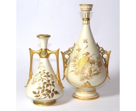 Two Worcester blush ivory twin-handled vases.  One or two scratches to gilding on both vases, otherwise both appear in genera