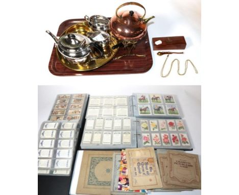 A Bentley's Yorkshire Brewery ltd brass tray; a copper and brass spirit kettle; a burner and stand; a plated tea service; a s