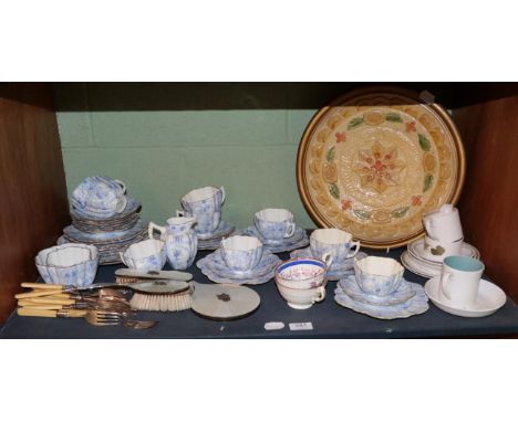 A part silver and enamel dressing table set; plated fish cutlery; a Victorian transfer printed tea service etc 