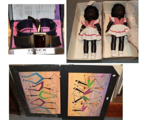 Two boxed Roddy dolls; a cased Timex LED wristwatch; two paintings by James Gakonga