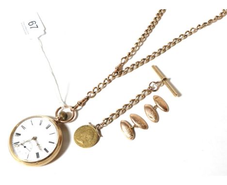 A 9 carat gold open faced pocket watch with attached curb link chain with clasp, stamped '9CT', a smaller chain with attached