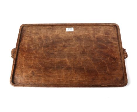 Mouseman: A Robert Mouseman Thompson of Kilburn English oak rectangular tea tray, with two mice handles signature 