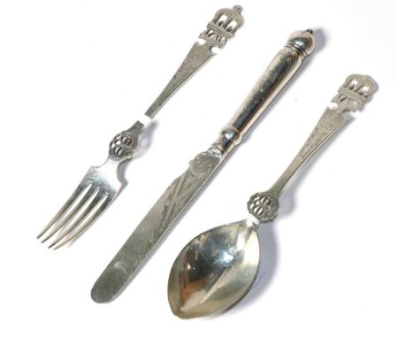 A Victorian Gothic revival Christening knife, fork and spoon set, Henry Wilkinson &amp; Co, Sheffield 1872 (the fork broken)