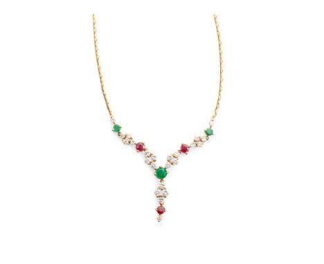 A diamond, ruby and emerald necklace claw-set with clusters of round brilliant-cut diamonds between round-cut rubies and emer