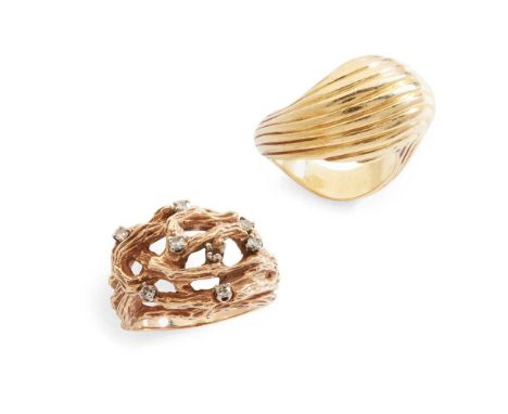 A diamond dress ring of pierced textured detail set throughout with eight-cut diamonds, stamped 14k; together with a textured