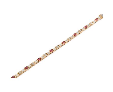 A diamond and ruby bracelet composed of a single row of alternating round-cut rubies and diamonds between pairs of baguette-c