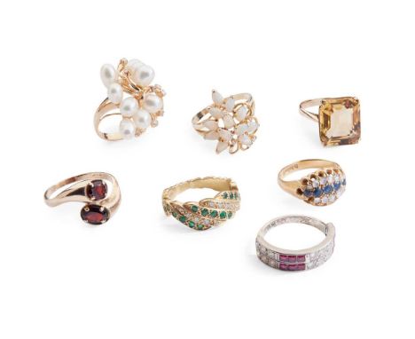 A collection of gem-set rings including a 14ct gold pearl and diamond dress ring, an 18ct gold sapphire and diamond ring; a 1