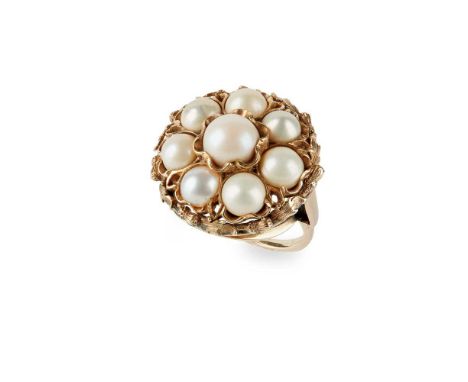 A Scottish freshwater pearl ring set with eight Scottish freshwater pearls, in a stylised thistle border, unmarkedDimensions: