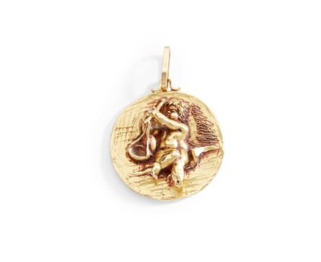 A Zodiac pendant of circular outline depicting a cherub and scales for Libra, stamped 750Dimensions:Diameter: 3.3cm