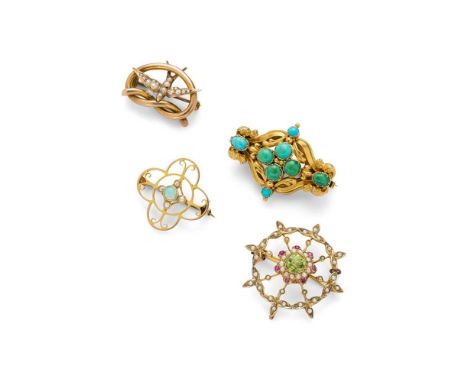 A collection of Victorian/Edwardian brooches including a circular peridot, ruby and seed pearl brooch, stamped 9ct; a pierced