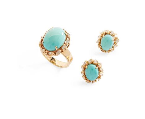 A turquoise and diamond dress ring claw-set with an oval cabochon turquoise in a border of baguette-cut diamonds, stamped 14k
