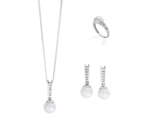 A part-suite of cultured pearl and diamond jewellery including a pendant, ring and earrings, each set with a cultured pearl a