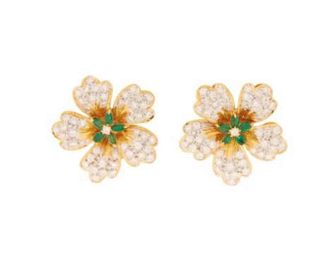 A pair of emerald and diamond earrings each of floral design, pavé-set with round brilliant-cut diamonds, marquise-cut emeral