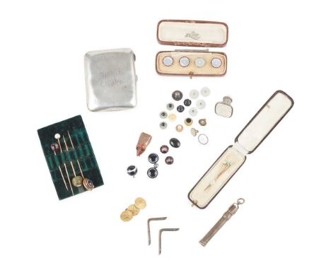 A collection of gentleman’s jewellery including two enamel and diamond studs and matching tiepin; five other stick pins, one 