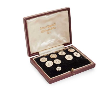 A cased set of diamond and mother-of-pearl cufflinks and buttons comprising a pair of cufflinks, four buttons and a collar st