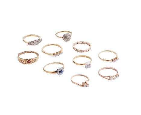 A collection of ten gem-set rings including an 18ct gold diamond four-stone cluster ring, a diamond five-stone ring and a dia