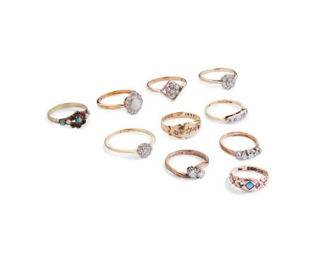 A collection of ten gem-set rings including an 18ct gold five-stone ruby and diamond ring, four diamond rings, all stamped 18