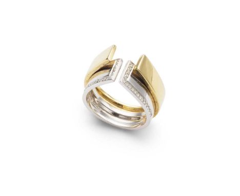 Alfieri: A contemporary diamond ring of split design, modelled as two overlapping polished bands, set with small round brilli