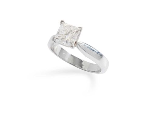 A diamond single-stone ring claw-set with a princess-cut diamond, modelled in platinum; with accompanying Gemological Institu