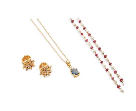 A collection of gem-set jewellery including a pair of diamond cluster earrings, post and screw back fittings, unmarked; a see