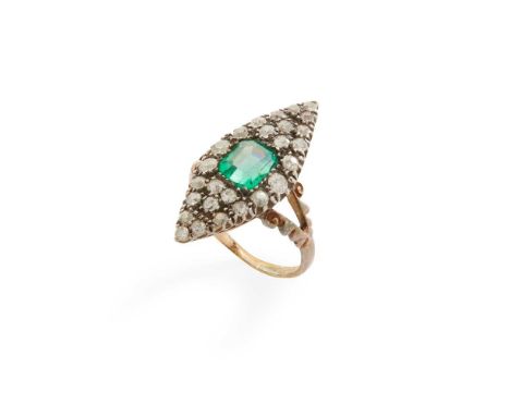 An emerald-topped doublet and diamond cluster ring the navette-shaped cluster set with a cut-cornered rectangular-cut emerald
