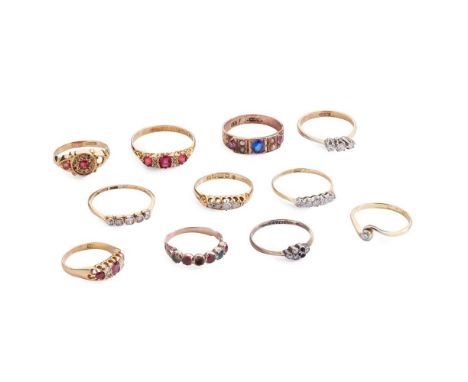 A collection of eleven gem-set rings including an 18ct gold ruby and diamond ring, an 18ct gold diamond five-stone ring; four