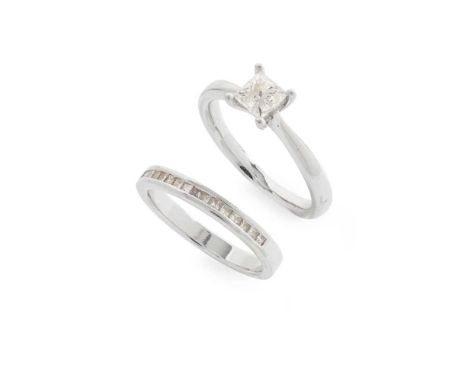 A diamond single-stone ring claw-set with a princess-cut diamond, modelled in platinum; together with a matching princess-cut