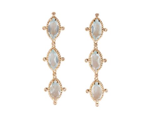A pair of aquamarine and diamond pendent earrings each claw-set with three marquise-cut aquamarines, in a rope-twist border s