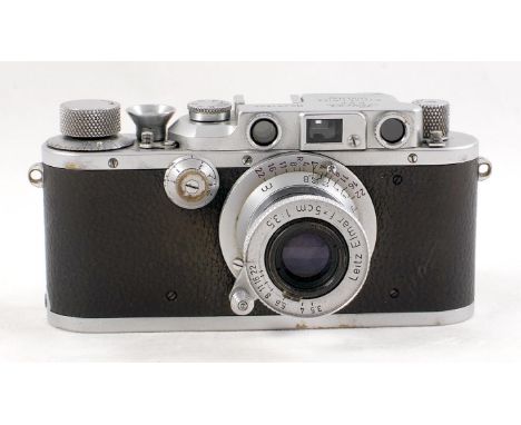 Chrome bodied Leica IIIb (G) camera #281868 (condition 6F) leatherette worn smooth both sides front and back, but intact, ver