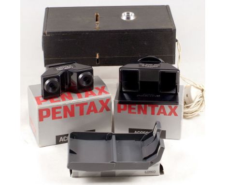 Pentax Stereo Outfit. Pentax Stereo Adapter II* (beam splitter) boxed with original instructions (condition 5F); slide viewer