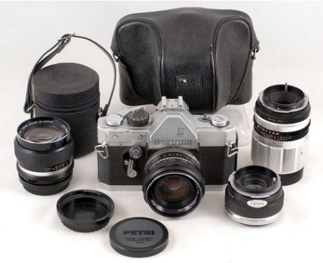 Petri Penta V camera with Petri CC Auto 55mm f1.8 lens, cap & ERC (condition 5F); Petri EE Auto f3.5 28mm lens in original ca