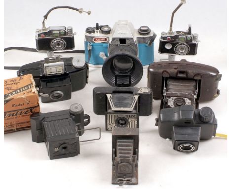 Bakelite & Plastic Miniature Cameras.  Collection of miniature cameras including Bakelite Coronet Vogue, Kodak Bantam, Univex