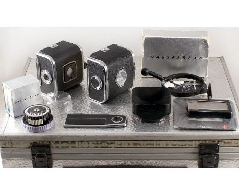 Hasselblad Accessories inc Rox Case, 2 Hasselblad 120 film backs (condition 4F); Metered Rewind Knob, meter inoperative (4H),