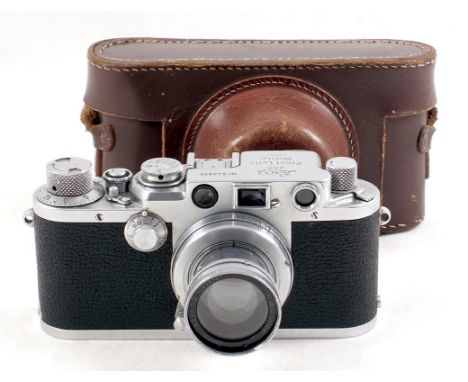 Chrome bodied Leica IIIf camera #543895 (condition 5F) . With 5cm f2 Summar lens #239381, slightly cloudy with cleaning and o