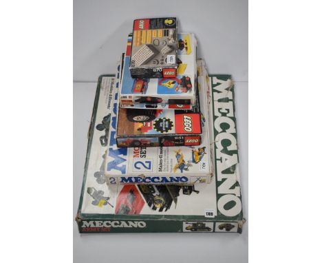 Meccano Army Construction Set, boxed; Meccano 2 Motorised Set, boxed; and three boxed Lego sets.