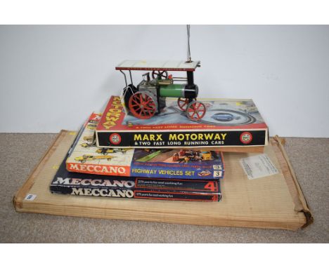 A Mamod live steam traction engine; Marx Motorway Set, boxed; Meccano set; three puppets; Lego; and other items.