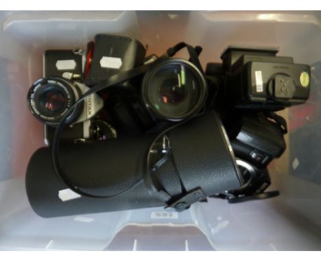 A BOX OF SLR CAMERAS AND LENSES, including a Canon EOS 1000F, Nikon F-401S Minolta 7000, a Pentax MX50mm 1:1.7 lens, Canon 35